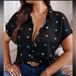 Plus Size Heart Print Short Sleeve Button Down Up Shirt Top Blouse Black